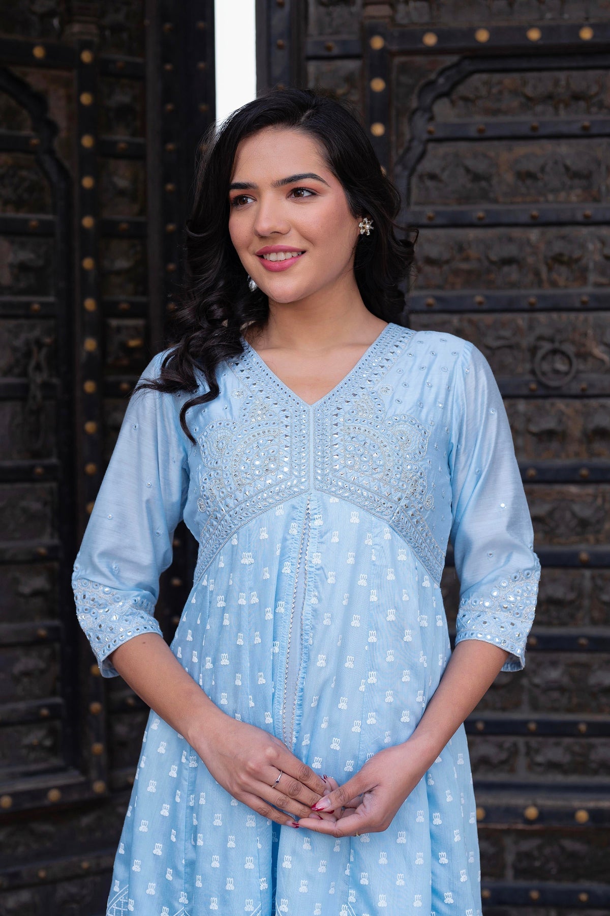 Juniper Sky Blue Chanderi Geometric Printed Mirror Embroidered Dress with Gota Lace & Glitter Work | Grocsy