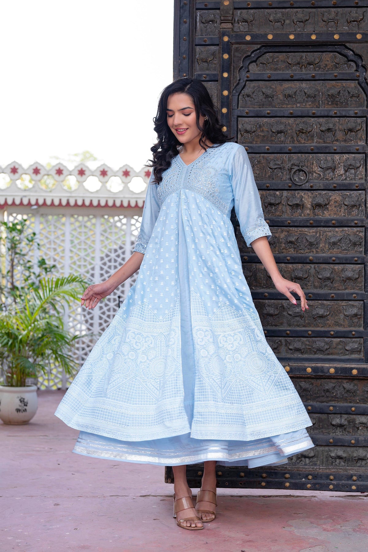 Juniper Sky Blue Chanderi Geometric Printed Mirror Embroidered Dress with Gota Lace & Glitter Work | Grocsy