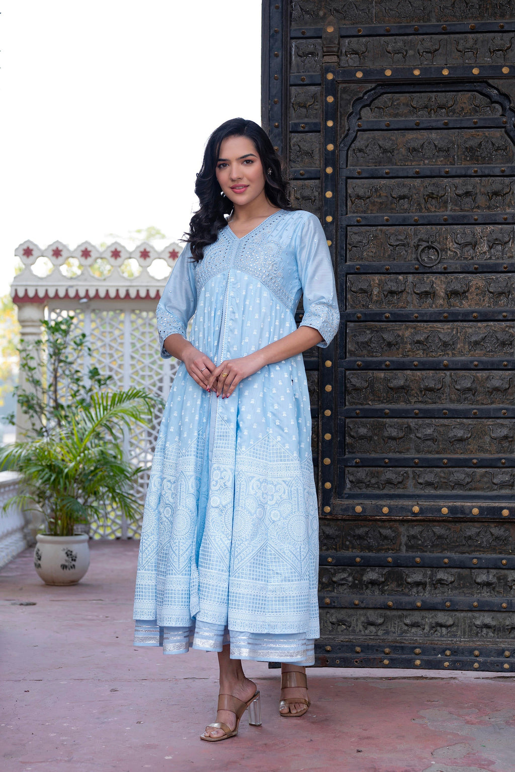 Juniper Sky Blue Chanderi Geometric Printed Mirror Embroidered Dress with Gota Lace & Glitter Work | Grocsy