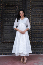 Juniper White Chanderi Geometric Printed Dress with Mirror Embroidery, Gota Lace & Glitter Work | Grocsy
