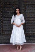 Juniper White Chanderi Geometric Printed Dress With Mirror Embroidery, Gota Lace & Glitter Work | Grocsy