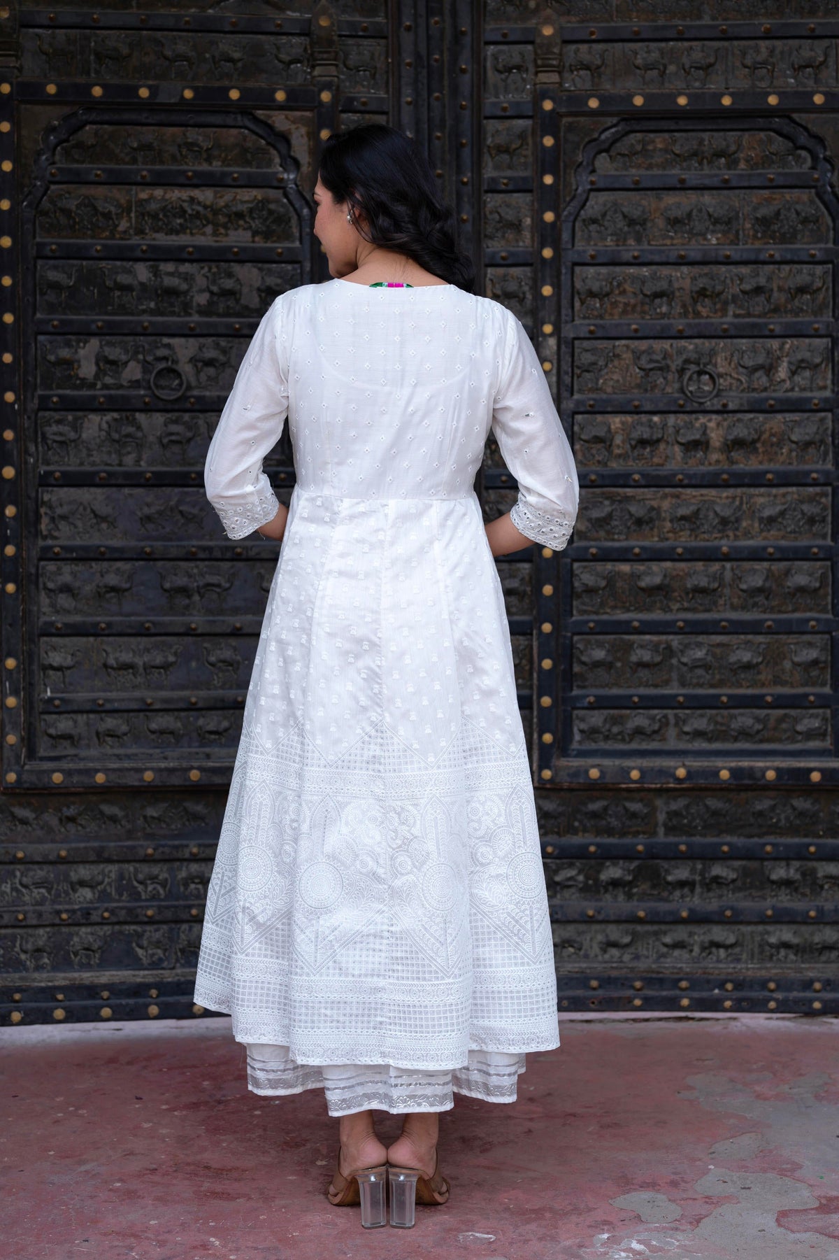 Juniper White Chanderi Geometric Printed Dress with Mirror Embroidery, Gota Lace & Glitter Work | Grocsy
