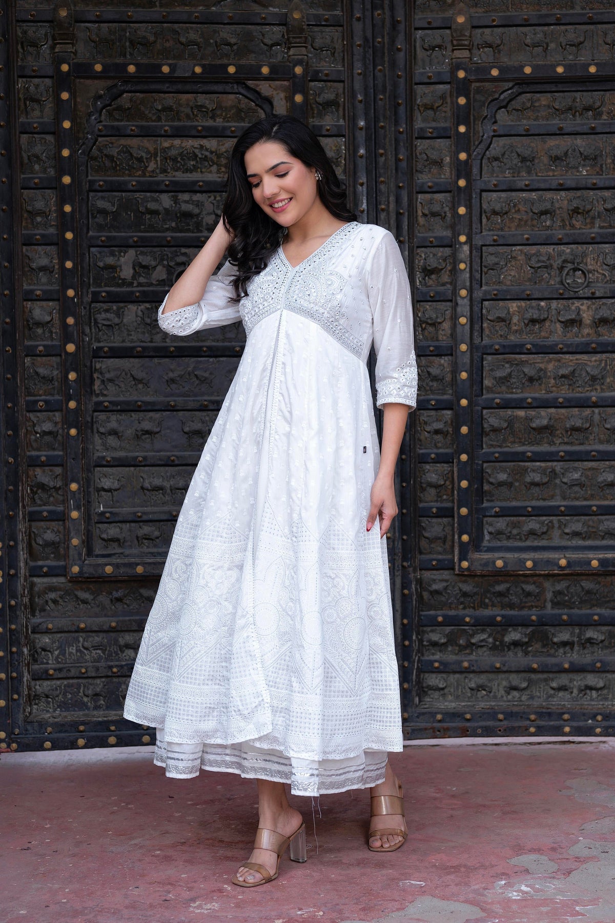 Juniper White Chanderi Geometric Printed Dress with Mirror Embroidery, Gota Lace & Glitter Work | Grocsy