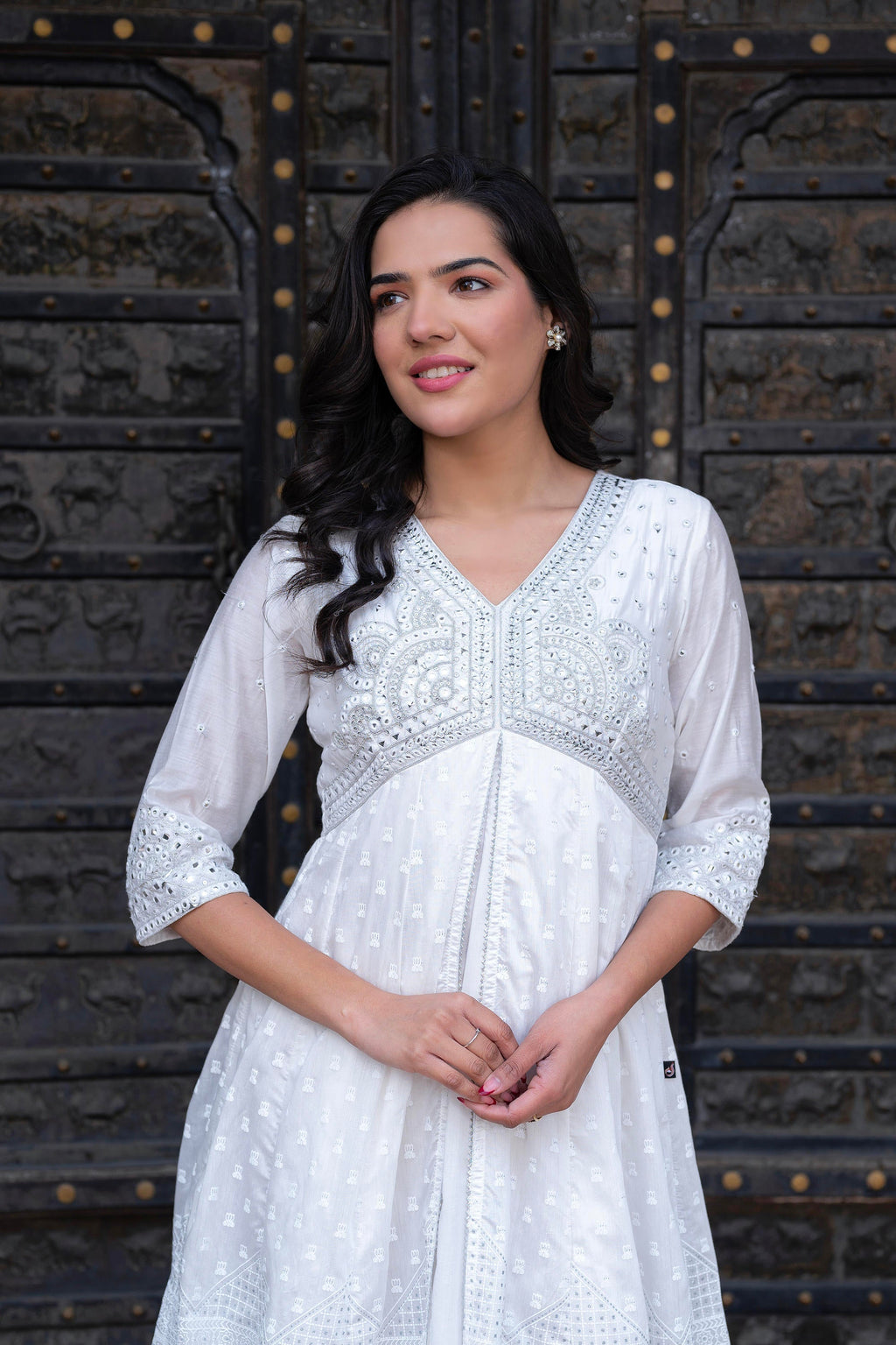 Juniper White Chanderi Geometric Printed Dress with Mirror Embroidery, Gota Lace & Glitter Work | Grocsy