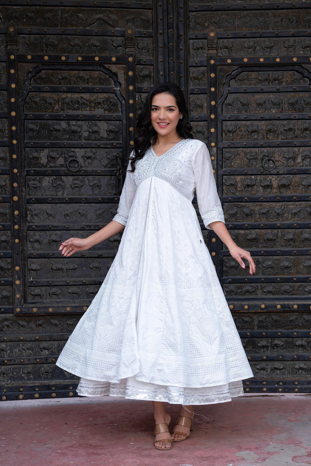 Juniper White Chanderi Geometric Printed Dress with Mirror Embroidery, Gota Lace & Glitter Work | Grocsy