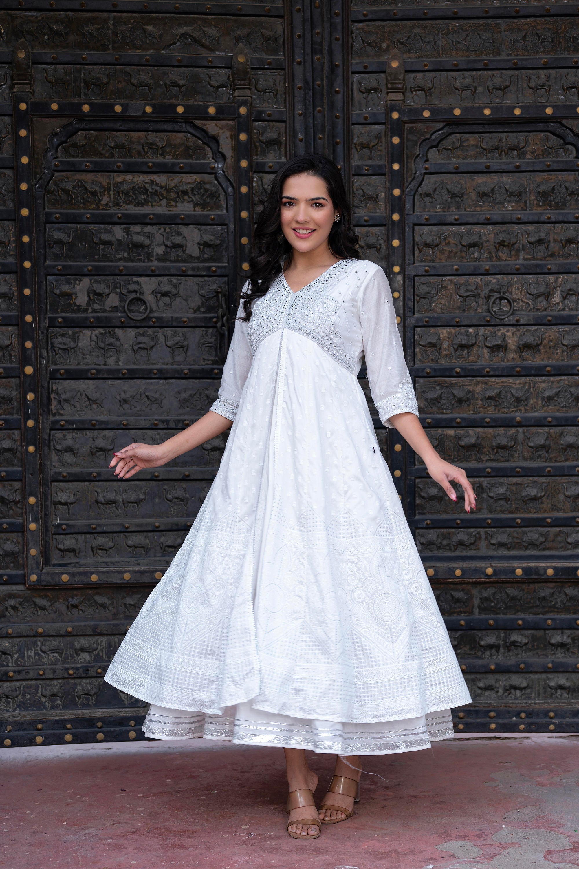 Juniper White Chanderi Geometric Printed Dress with Mirror Embroidery, Gota Lace & Glitter Work | Grocsy