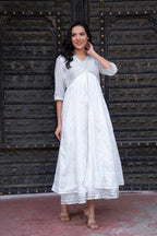 Juniper White Chanderi Geometric Printed Dress with Mirror Embroidery, Gota Lace & Glitter Work | Grocsy