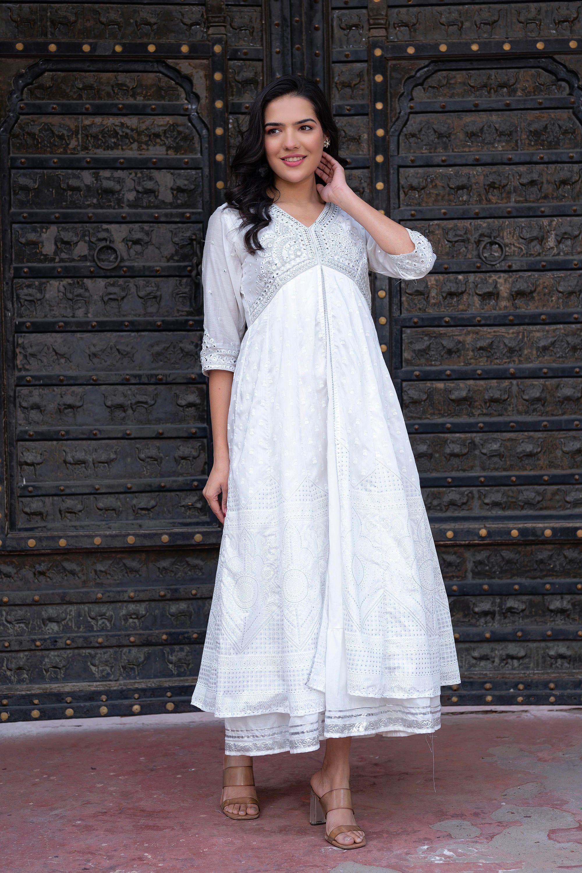 Juniper White Chanderi Geometric Printed Dress with Mirror Embroidery, Gota Lace & Glitter Work | Grocsy