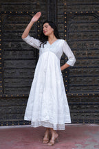 Juniper White Chanderi Geometric Printed Dress with Mirror Embroidery, Gota Lace & Glitter Work | Grocsy