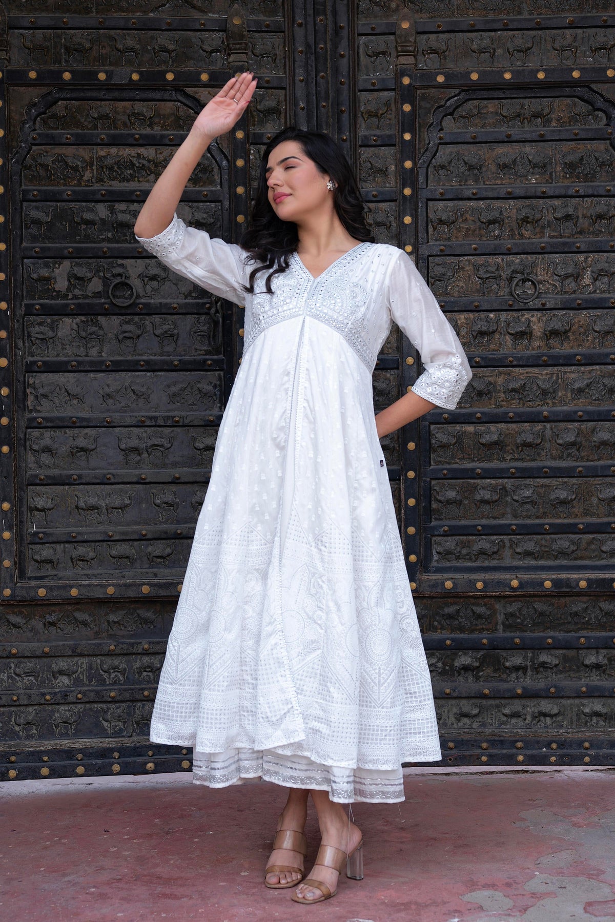 Juniper White Chanderi Geometric Printed Dress with Mirror Embroidery, Gota Lace & Glitter Work | Grocsy