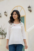 Juniper White Solid Viscose Tunic With Thread Work | Grocsy