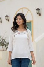 Juniper White Solid Viscose Tunic With Thread Work | Grocsy