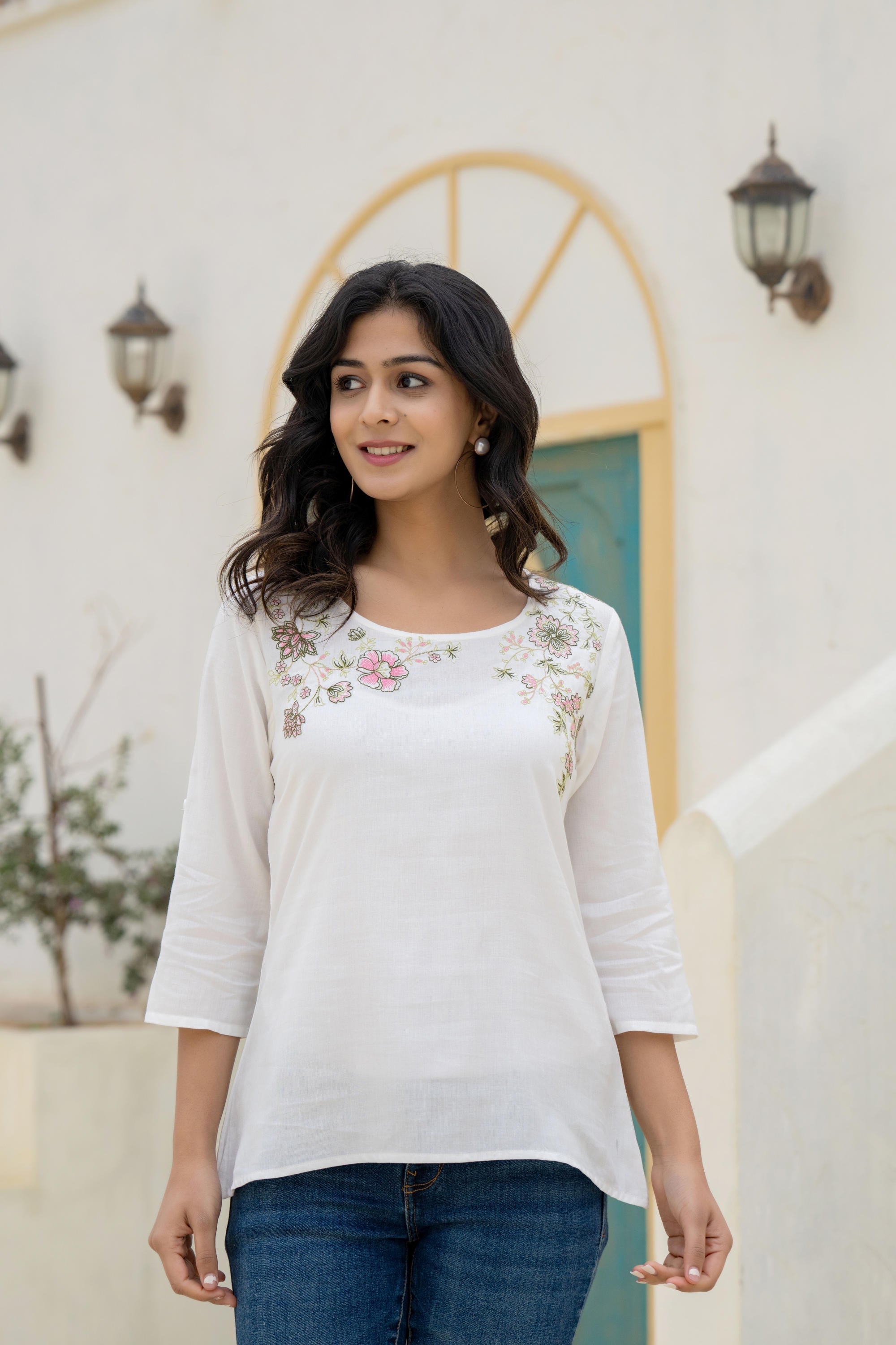 Juniper White Solid Viscose Tunic With Thread Work | Grocsy