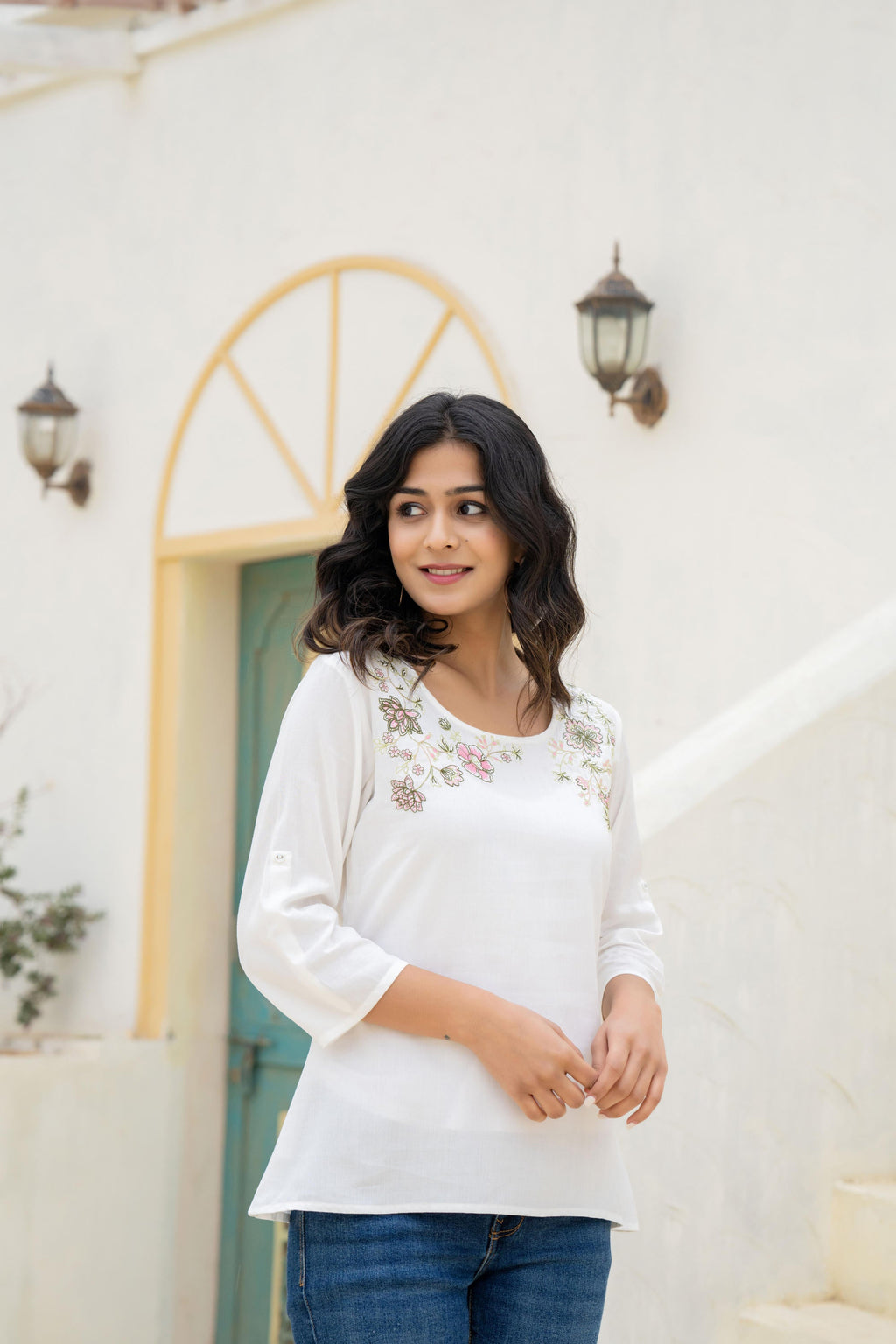 Juniper White Solid Viscose Tunic With Thread Work | Grocsy