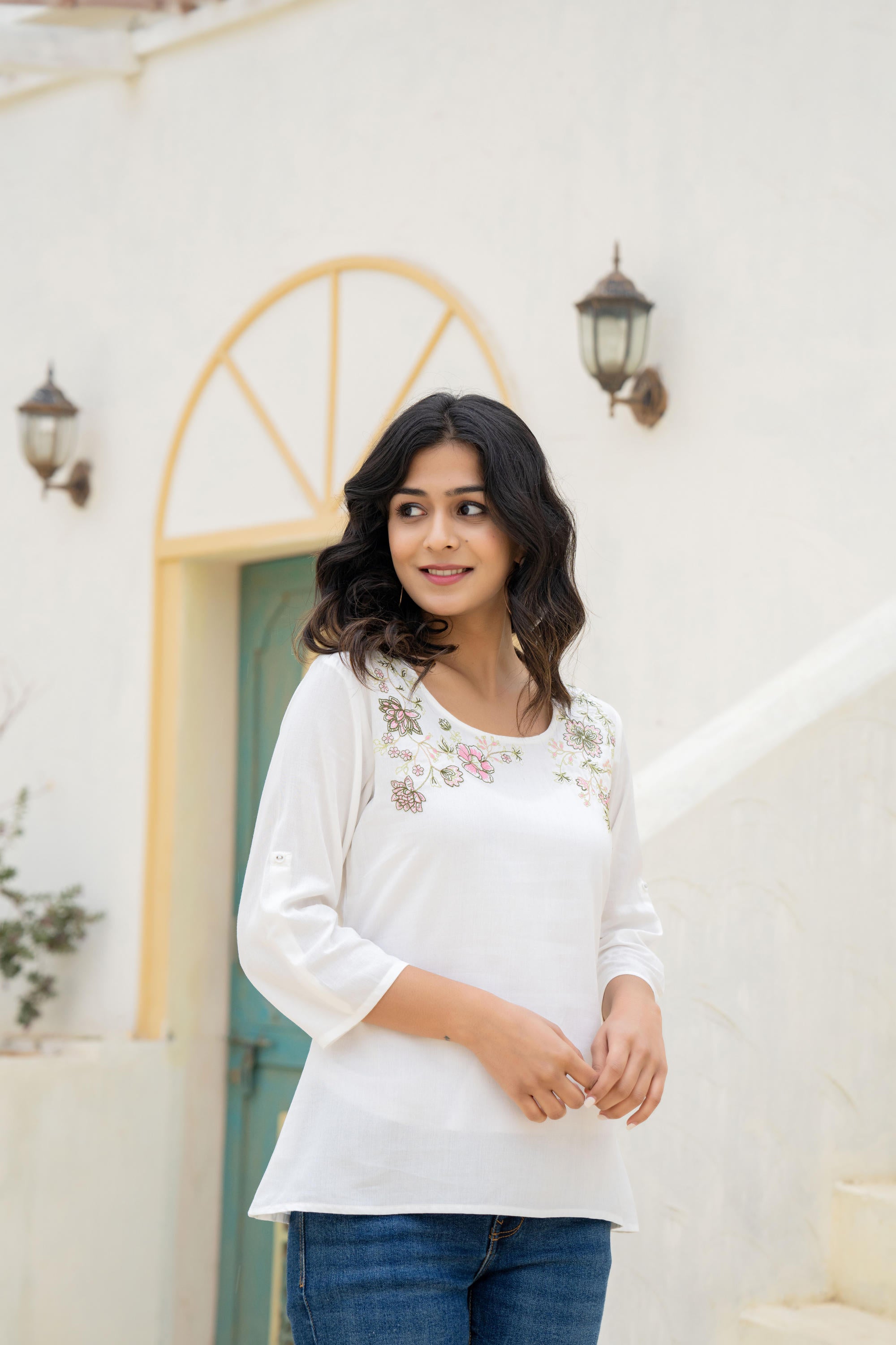 Juniper White Solid Viscose Tunic With Thread Work | Grocsy