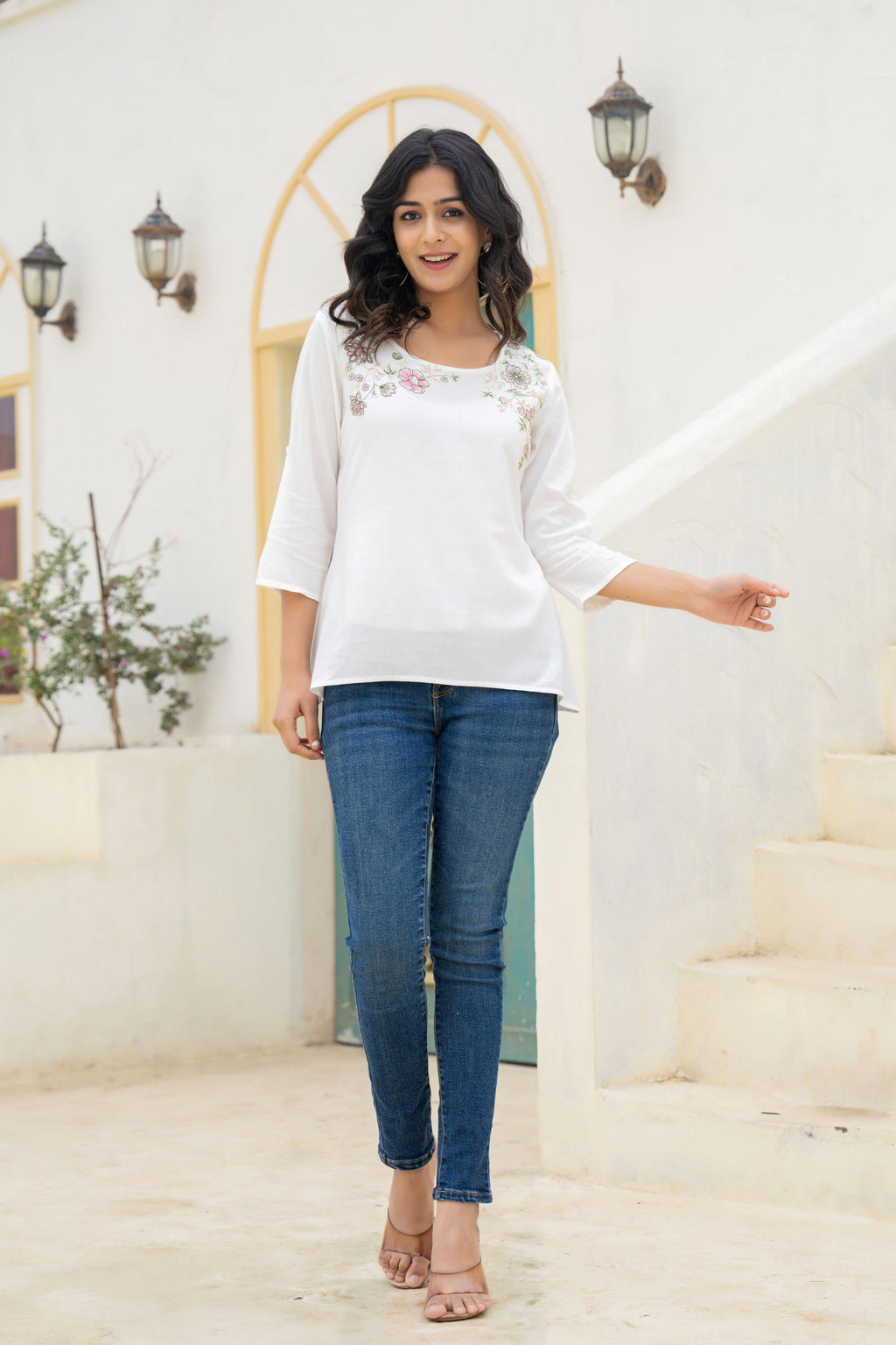 Juniper White Solid Viscose Tunic With Thread Work | Grocsy