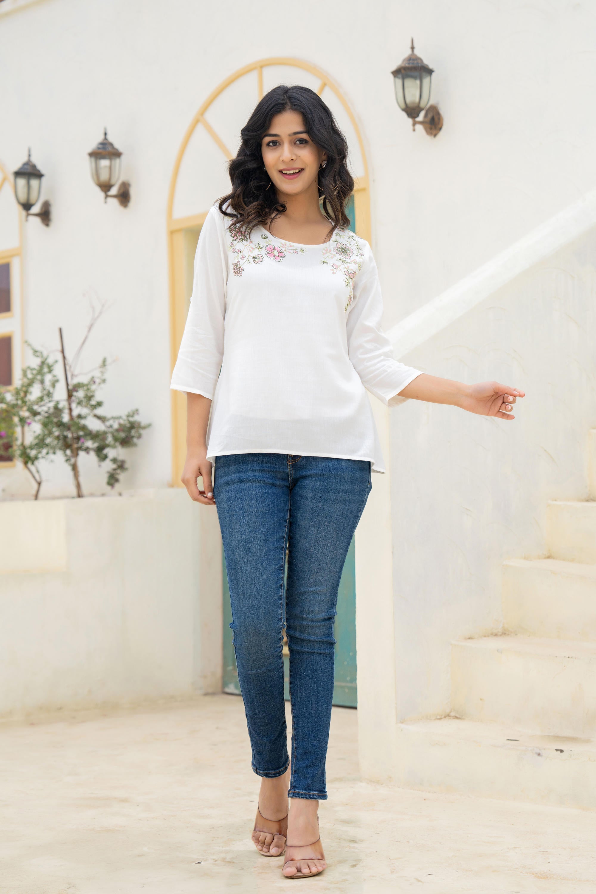 Juniper White Solid Viscose Tunic With Thread Work | Grocsy