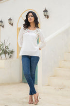 Juniper White Solid Viscose Tunic With Thread Work | Grocsy