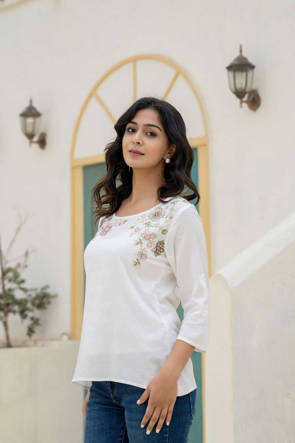 Juniper White Solid Viscose Tunic With Thread Work | Grocsy