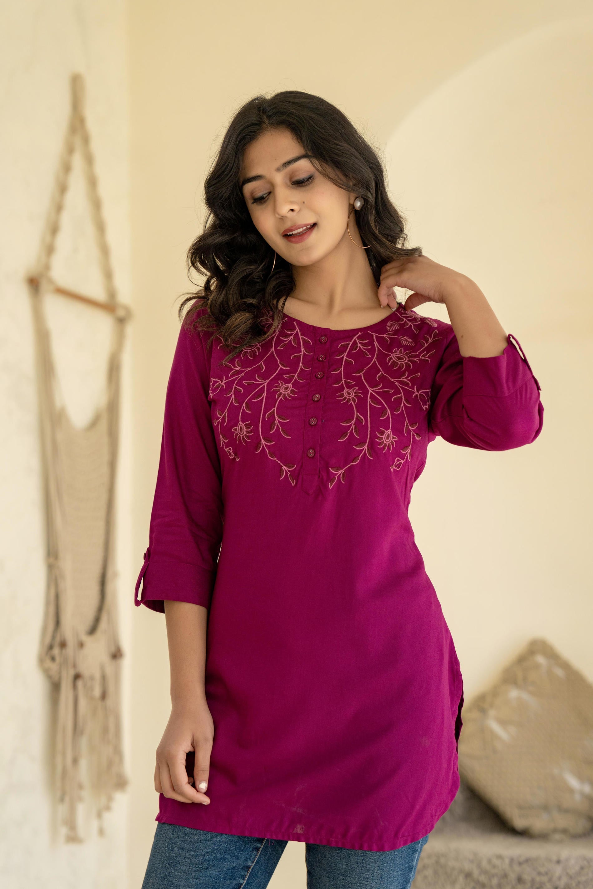 Juniper Plum Embroidered Tunic Top with Button Detailing | Grocsy