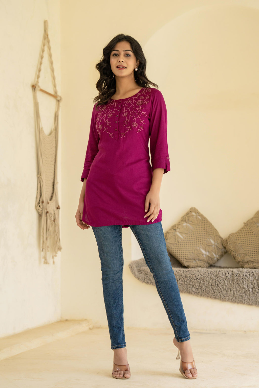 Juniper Plum Embroidered Tunic Top with Button Detailing | Grocsy