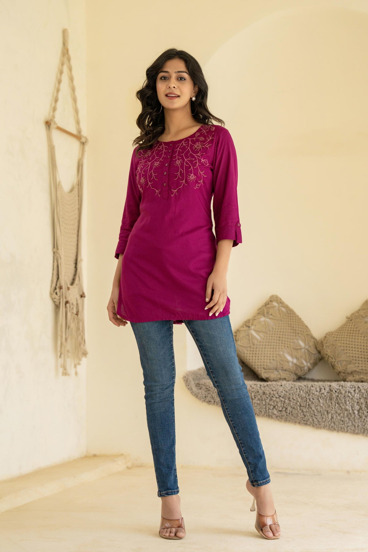 Juniper Plum Embroidered Tunic Top with Button Detailing | Grocsy
