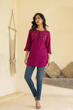 Juniper Plum Embroidered Tunic Top with Button Detailing | Grocsy