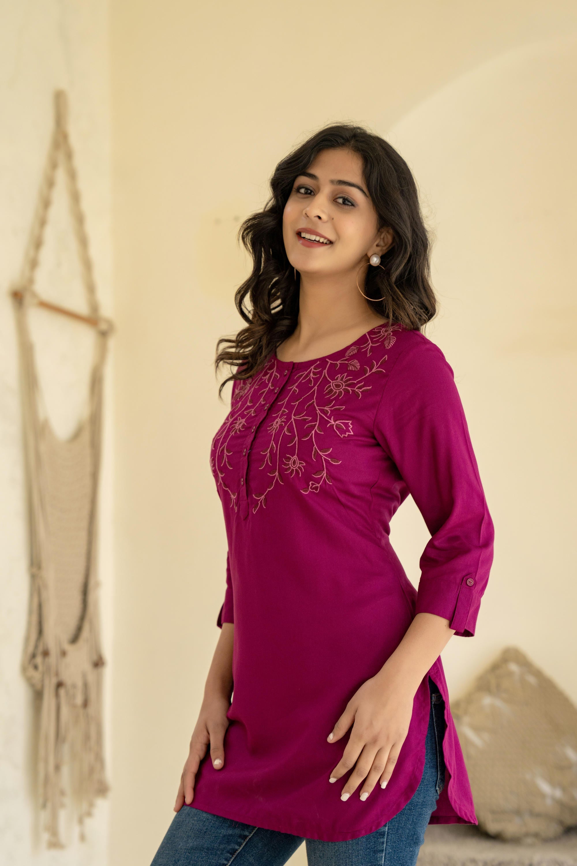 Juniper Plum Embroidered Tunic Top with Button Detailing | Grocsy