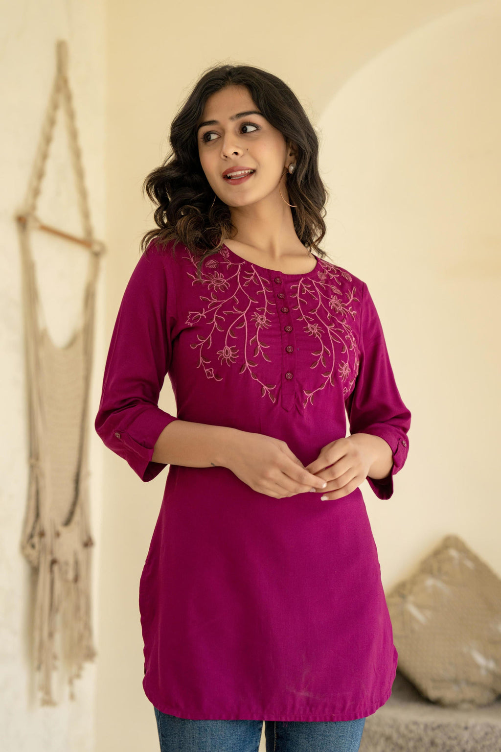 Juniper Plum Embroidered Tunic Top with Button Detailing | Grocsy
