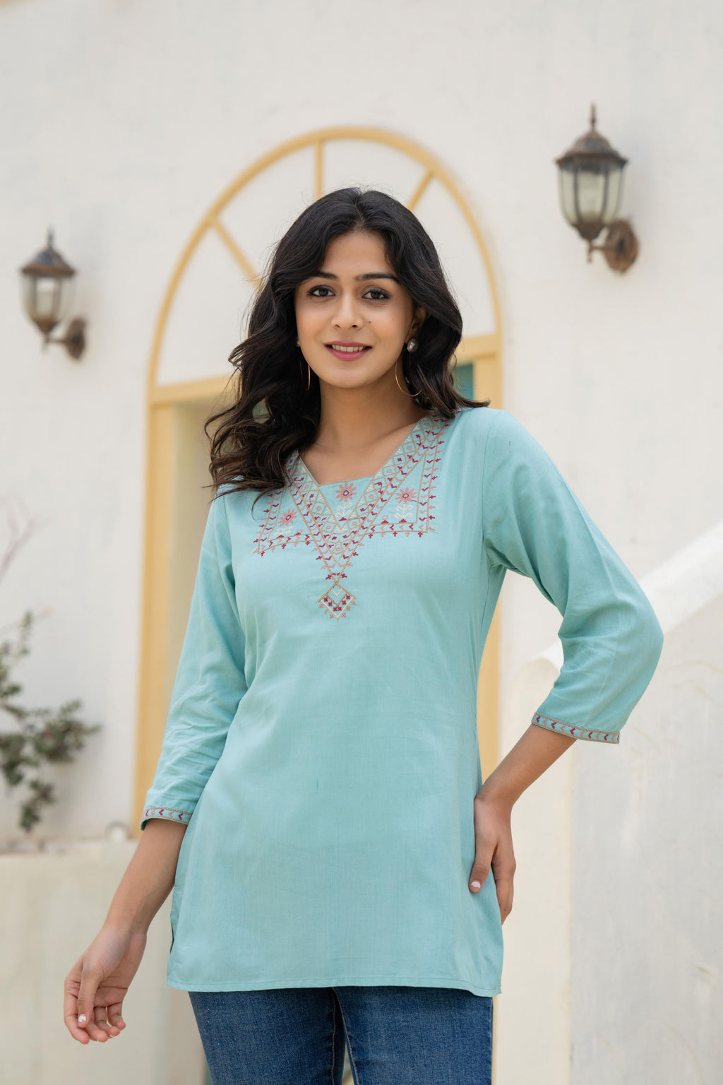 Juniper Aqua Solid Viscose Tunic With Thread Work | Grocsy