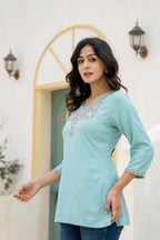 Juniper Aqua Solid Viscose Tunic With Thread Work | Grocsy