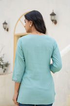 Juniper Aqua Solid Viscose Tunic With Thread Work | Grocsy