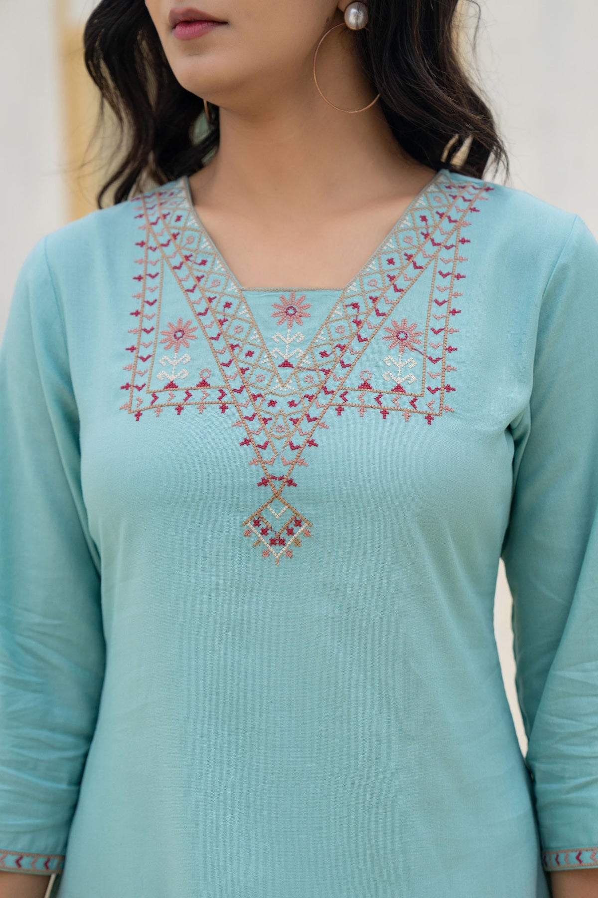 Juniper Aqua Solid Viscose Tunic With Thread Work | Grocsy
