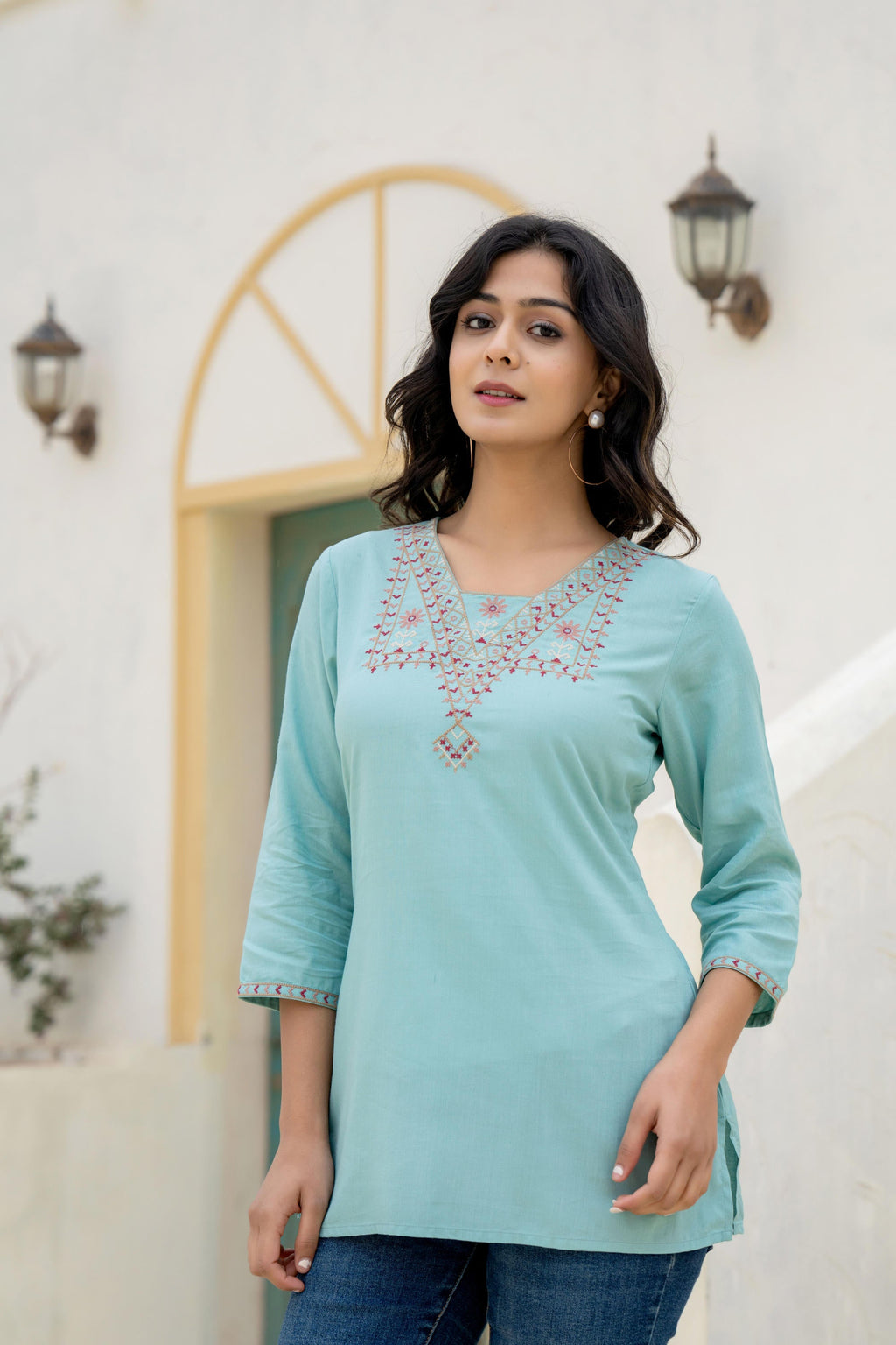 Juniper Aqua Solid Viscose Tunic With Thread Work | Grocsy