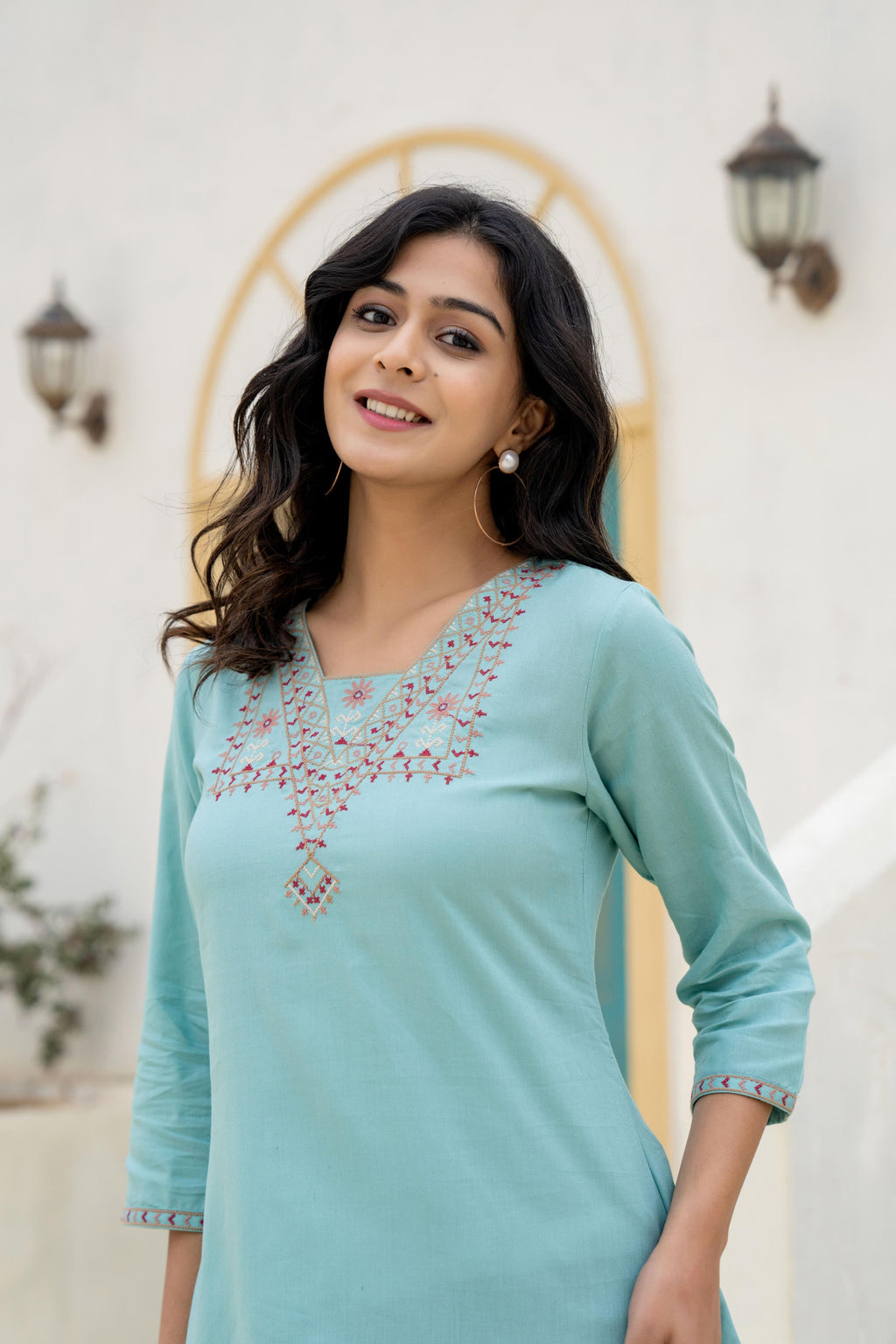 Juniper Aqua Solid Viscose Tunic With Thread Work | Grocsy