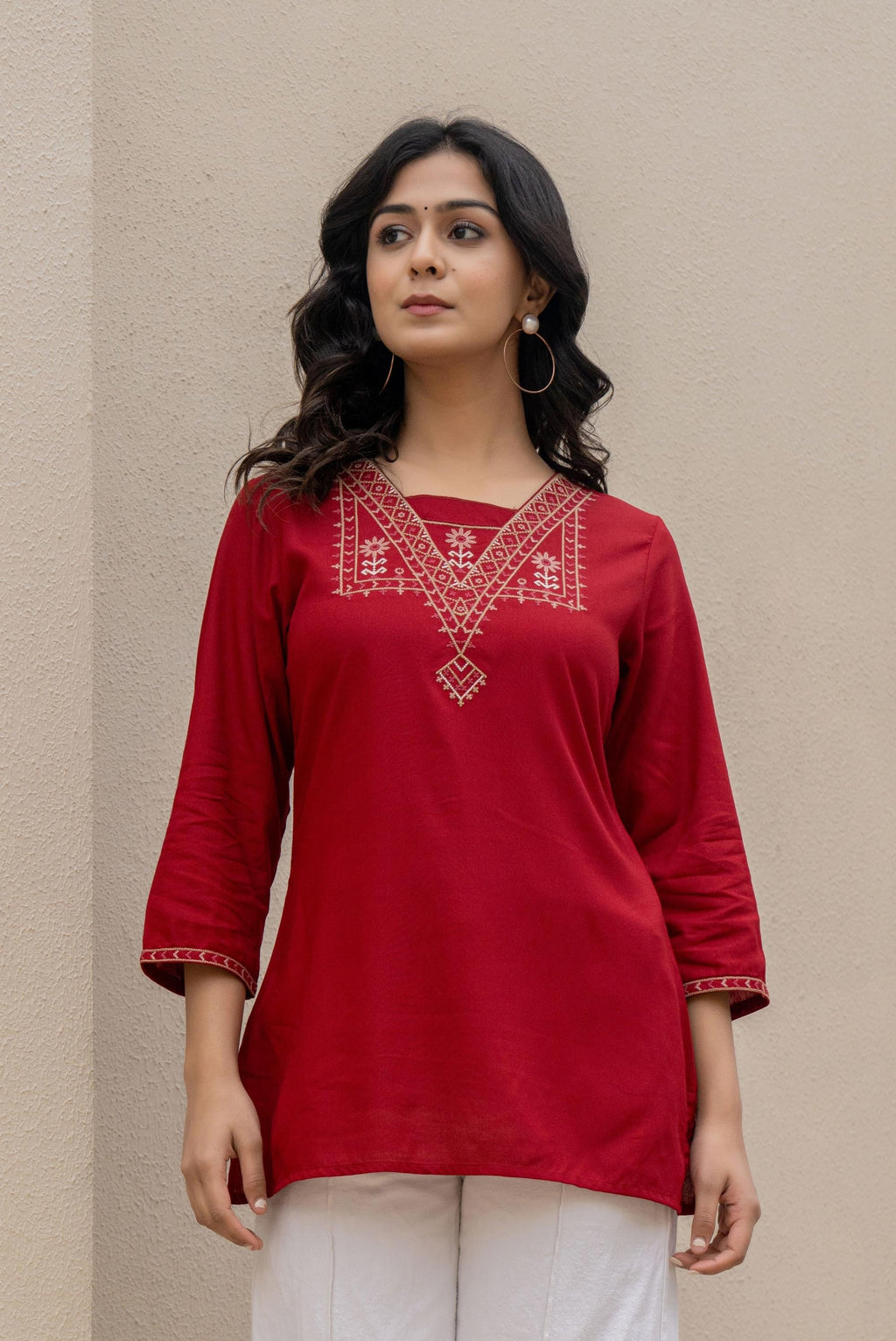 Juniper Maroon Solid Viscose Tunic With Thread Work | Grocsy