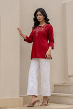 Juniper Maroon Solid Viscose Tunic With Thread Work | Grocsy