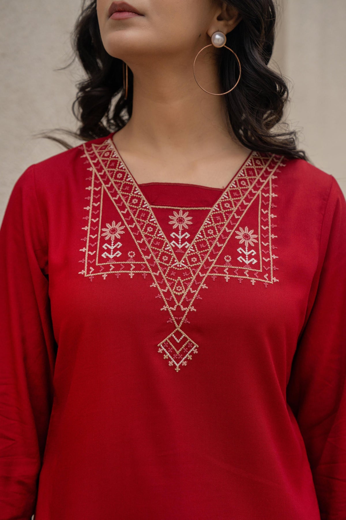 Juniper Maroon Solid Viscose Tunic With Thread Work | Grocsy