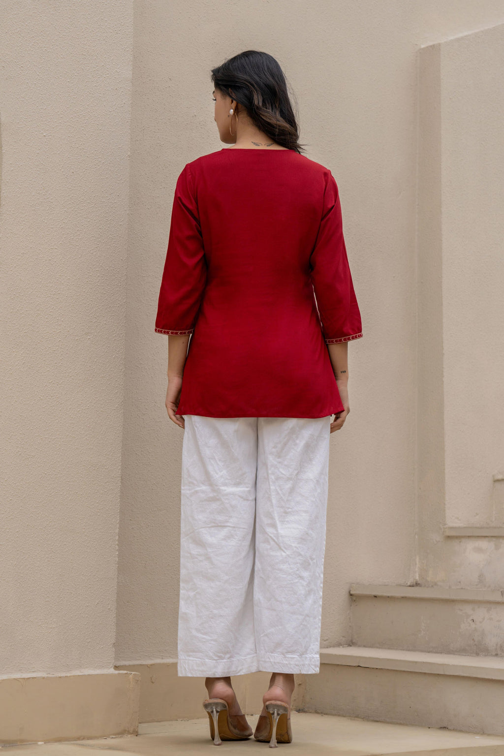 Juniper Maroon Solid Viscose Tunic With Thread Work | Grocsy