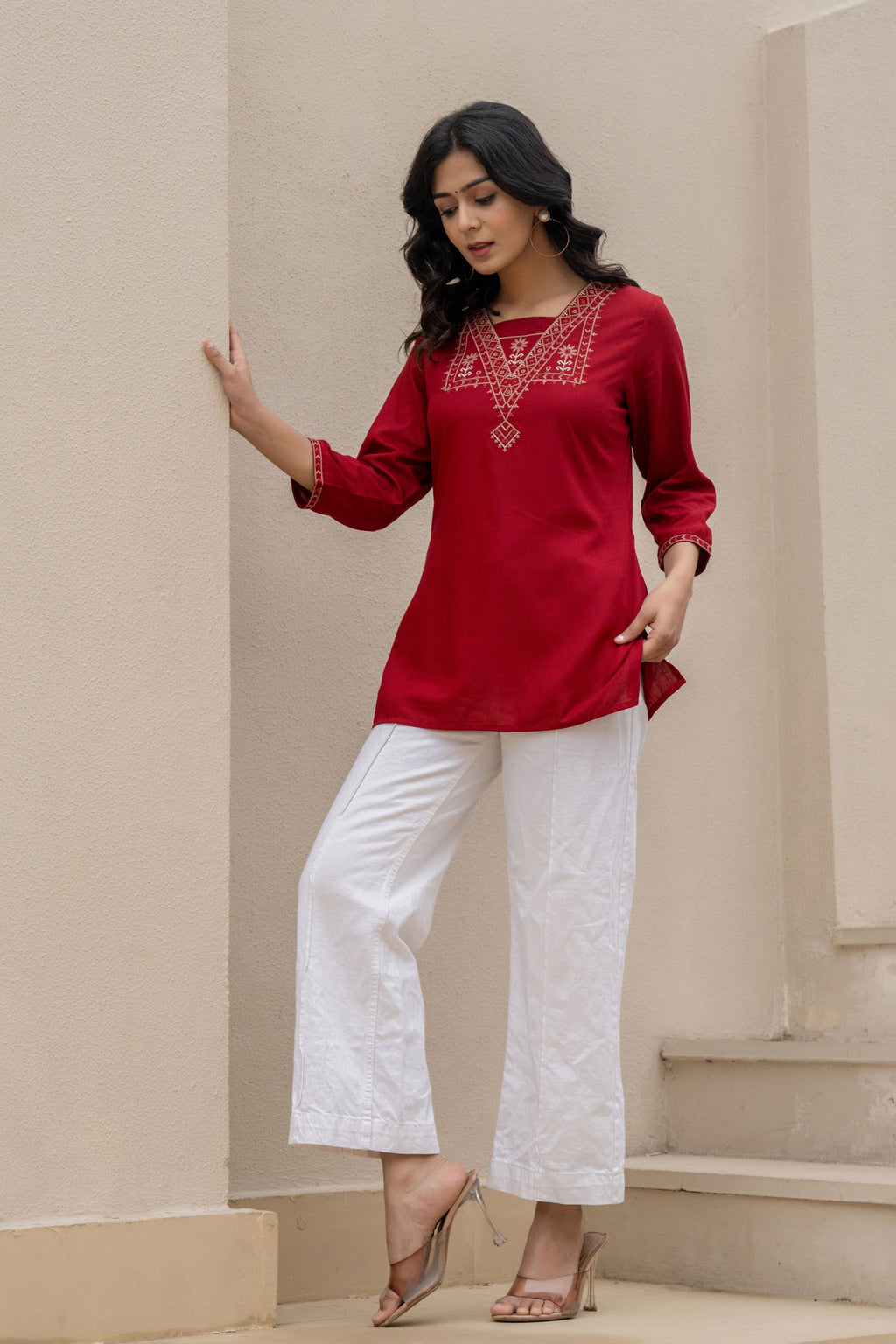 Juniper Maroon Solid Viscose Tunic With Thread Work | Grocsy