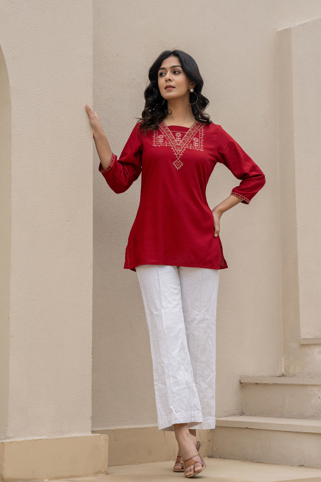 Juniper Maroon Solid Viscose Tunic With Thread Work | Grocsy