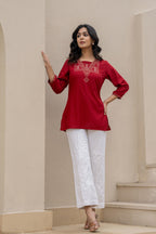 Juniper Maroon Solid Viscose Tunic With Thread Work | Grocsy