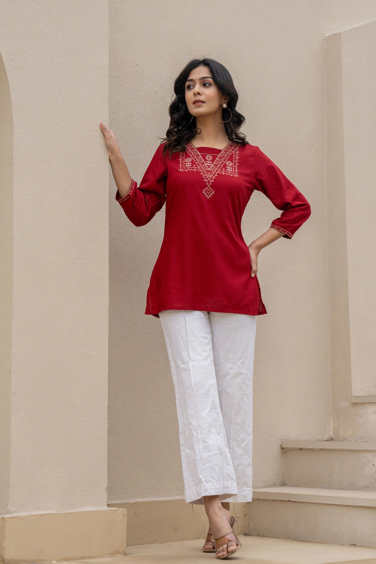 Juniper Maroon Solid Viscose Tunic With Thread Work | Grocsy