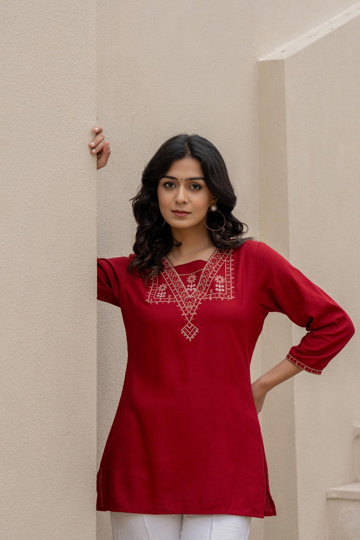 Juniper Maroon Solid Viscose Tunic With Thread Work | Grocsy