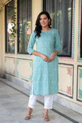 Juniper Aqua Embroidered Floral Viscose Kurta With Sequins & Cotton Lace | Grocsy