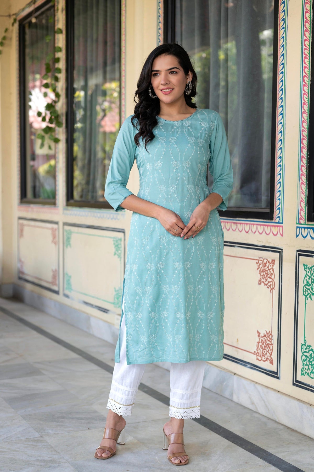 Juniper Aqua Embroidered Floral Viscose Kurta With Sequins & Cotton Lace | Grocsy