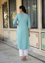 Juniper Aqua Embroidered Floral Viscose Kurta with Sequins & Cotton Lace | Grocsy