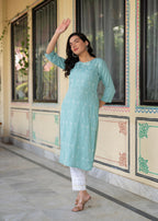 Juniper Aqua Embroidered Floral Viscose Kurta With Sequins & Cotton Lace | Grocsy