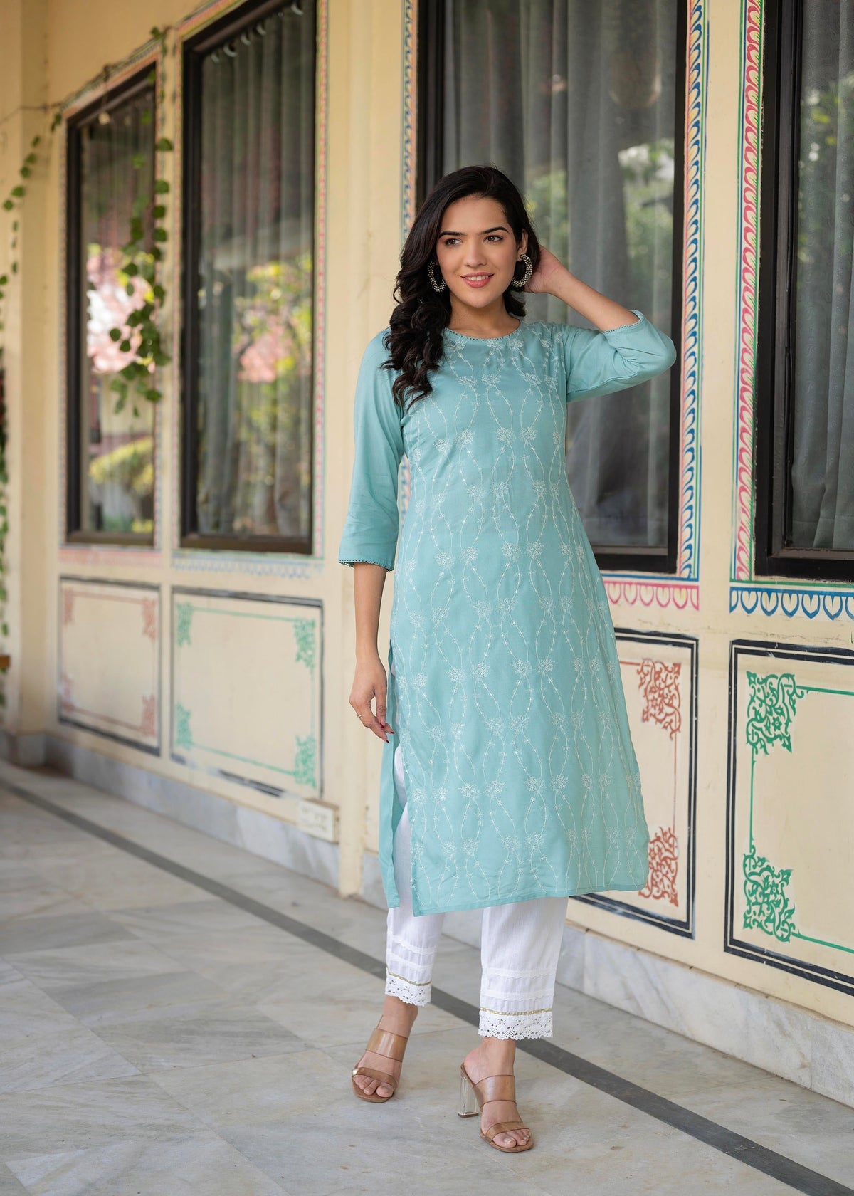 Juniper Aqua Embroidered Floral Viscose Kurta With Sequins & Cotton Lace | Grocsy