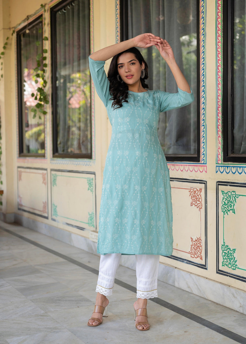 Juniper Aqua Embroidered Floral Viscose Kurta With Sequins & Cotton Lace | Grocsy